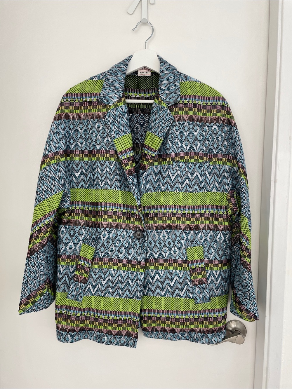 Amazing Morley Woven Pattern Single-Button Blazer in Blue & Lime